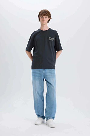 Defacto E3799 Antrasit %100 Pamuk Oversize Geniş Kalıp Bisiklet Yaka Sırt Baskılı Kısa Kollu Tişört