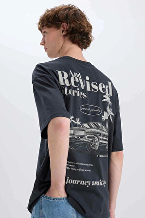 Defacto E3799 Antrasit %100 Pamuk Oversize Geniş Kalıp Bisiklet Yaka Sırt Baskılı Kısa Kollu Tişört