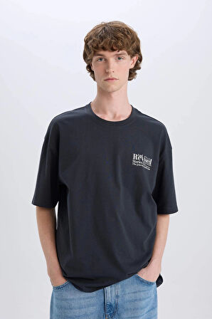 Defacto E3799 Antrasit %100 Pamuk Oversize Geniş Kalıp Bisiklet Yaka Sırt Baskılı Kısa Kollu Tişört