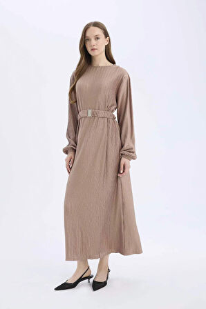 Regular Fit Pilise Uzun Kollu Maxi Elbise