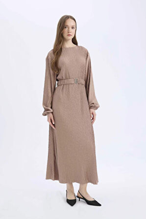 Regular Fit Pilise Uzun Kollu Maxi Elbise