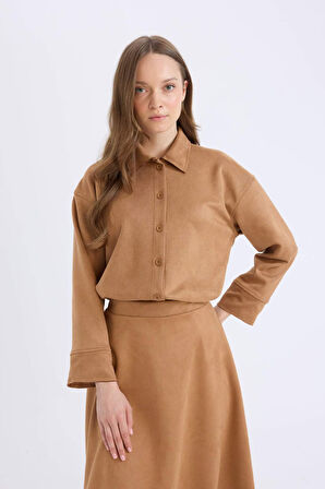 DeFacto Regular Fit Süet Uzun Kollu Gömlek Tunik E5917AX24WNBG138