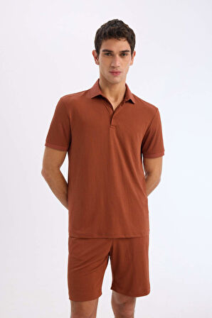 DeFacto Slim Fit Dar Kesim Polo Yaka Dokulu Kısa Kollu Krinkıl Tişört E1222AX25SMBN312