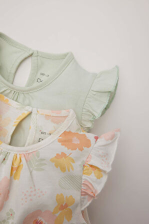 DeFacto Kız Bebek Yenidoğan Bisiklet Yaka Çiçekli Penye 2'li Kısa Kollu Çıtçıtlı Body C4373A525SMER105