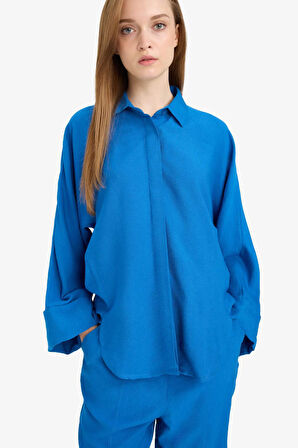 DeFacto Relax Fit Basic Düz Keten Karışımlı Uzun Kollu Tesettür Gömlek Tunik	 D9702AX25SMBE43