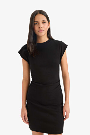 Bodycon Vücudu Saran Bisiklet Yaka Ribana Kolsuz Mini Elbise