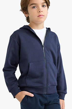 Erkek Çocuk Basic Düz Kapüşonlu Fermuarlı Sweatshirt