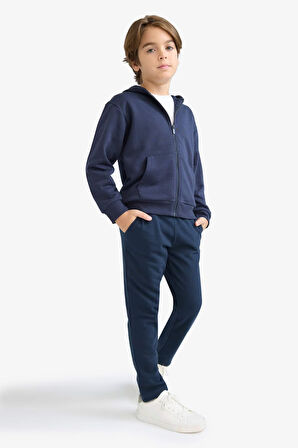 Erkek Çocuk Basic Düz Kapüşonlu Fermuarlı Sweatshirt