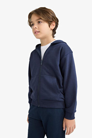 Erkek Çocuk Basic Düz Kapüşonlu Fermuarlı Sweatshirt