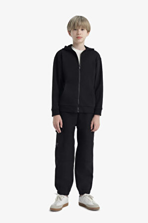 Erkek Çocuk Basic Düz Kapüşonlu Fermuarlı Sweatshirt
