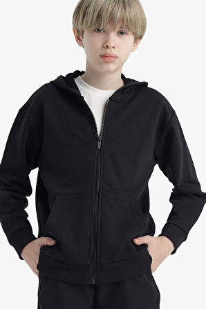 Erkek Çocuk Basic Düz Kapüşonlu Fermuarlı Sweatshirt
