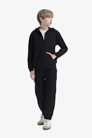 Erkek Çocuk Basic Düz Kapüşonlu Fermuarlı Sweatshirt