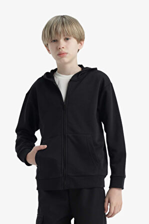 Erkek Çocuk Basic Düz Kapüşonlu Fermuarlı Sweatshirt