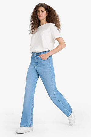 90's Wide Leg Yüksek Bel Uzun Jean Yıkamalı Pantolon