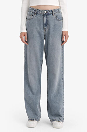 Straight Wide Yüksek Bel Uzun Jean Yıkamalı Pantolon