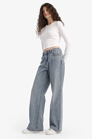 Straight Wide Yüksek Bel Uzun Jean Yıkamalı Pantolon