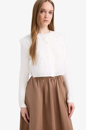 DeFacto %100 Pamuk Bisiklet Yaka Bağcıklı Brode Blazer Yelek E7969AX25SMWT34