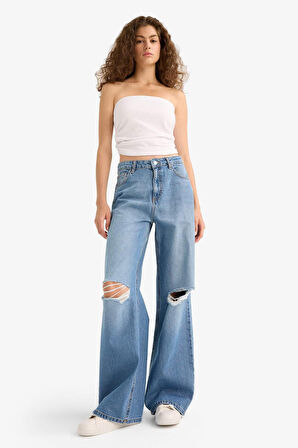 Wide Leg Yırtık Detaylı Yüksek Bel Uzun Jean Yıkamalı Pantolon