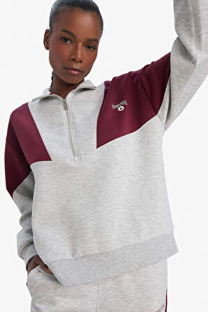 Defacto E8935 Gri DeFactoFit NBA Boston Celtics Oversize Geniş Kalıp Yarım Fermuarlı Skuba Dalgıç Kumaş Sporcu Sweatshirt