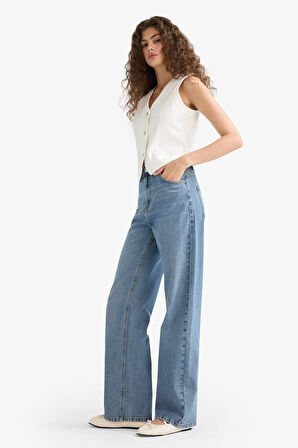 90's Wide Leg Yüksek Bel Uzun Jean Yıkamalı Pantolon