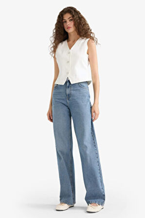 90's Wide Leg Yüksek Bel Uzun Jean Yıkamalı Pantolon