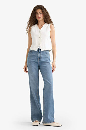 90's Wide Leg Yüksek Bel Uzun Jean Yıkamalı Pantolon