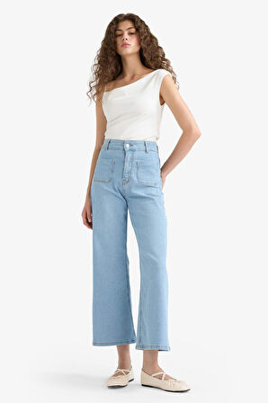Culotte Yüksek Bel Crop Fit Crop Jean Yıkamalı Pantolon