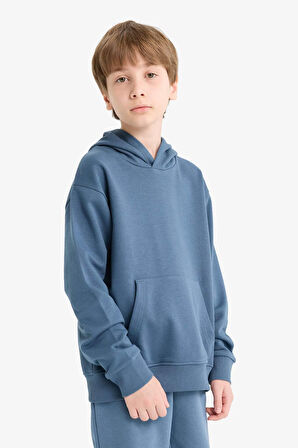 Erkek Çocuk Basic Düz Kapüşonlu Sweatshirt