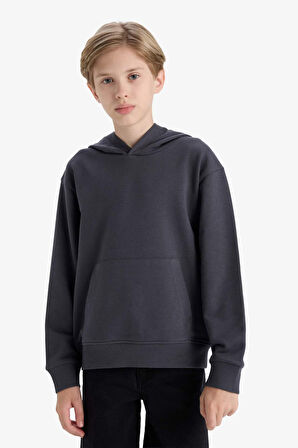 Erkek Çocuk Basic Düz Kapüşonlu Sweatshirt