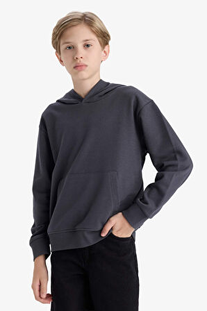 Erkek Çocuk Basic Düz Kapüşonlu Sweatshirt
