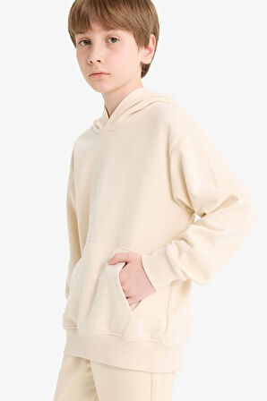 Erkek Çocuk Basic Düz Kapüşonlu Sweatshirt