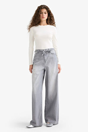 Wide Leg Yüksek Bel Uzun Jean Yıkamalı Pantolon