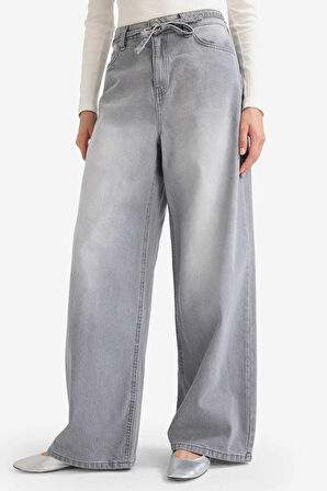 Wide Leg Yüksek Bel Uzun Jean Yıkamalı Pantolon