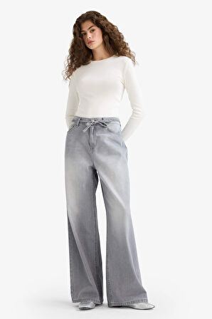 Wide Leg Yüksek Bel Uzun Jean Yıkamalı Pantolon