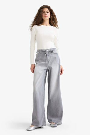 Wide Leg Yüksek Bel Uzun Jean Yıkamalı Pantolon