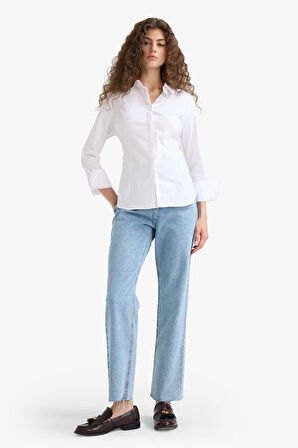 Straight Fit Yüksek Bel Düz Paça Uzun Jean Yıkamalı Pantolon