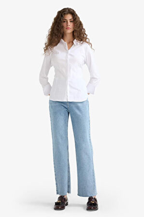 Straight Fit Yüksek Bel Düz Paça Uzun Jean Yıkamalı Pantolon