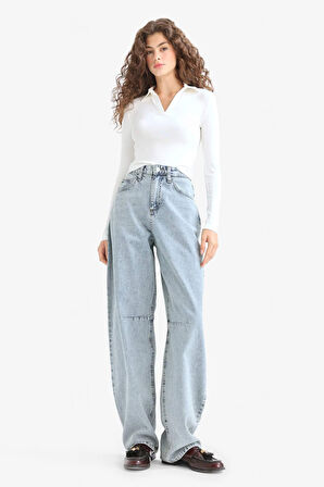 Baggy Fit Yüksek Bel Uzun Jean Yıkamalı Pantolon