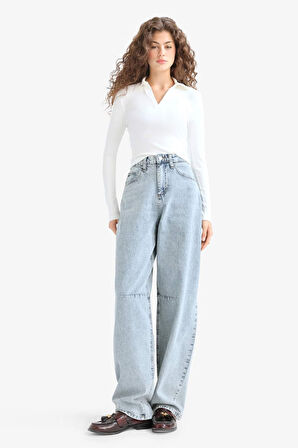 Baggy Fit Yüksek Bel Uzun Jean Yıkamalı Pantolon
