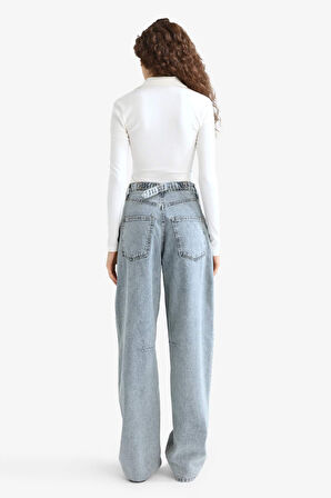 Baggy Fit Yüksek Bel Uzun Jean Yıkamalı Pantolon