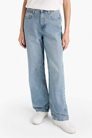 Baggy Fit Yüksek Bel Uzun Jean Yıkamalı Pantolon