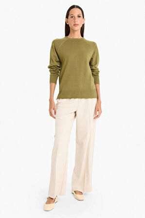 Defacto I6913AZKH463 Haki Relax Fit Bisiklet Yaka Basic Düz Triko Kazak