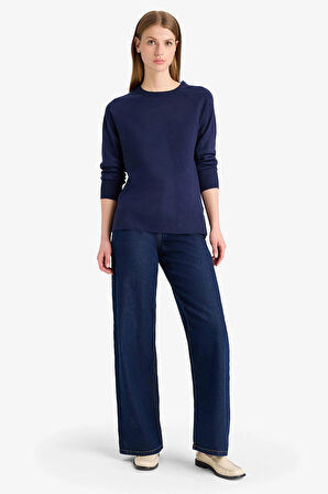 Defacto I6913 Lacivert Relax Fit Bisiklet Yaka Basic Düz Triko Kazak