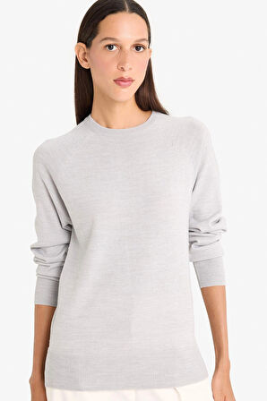 Defacto I6913 Gri Relax Fit Bisiklet Yaka Basic Düz Triko Kazak