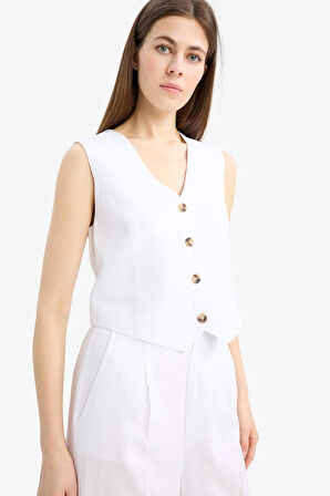 DeFacto V Yaka Keten Karışımlı Beyaz Blazer Yelek C3828AX25SMWT34