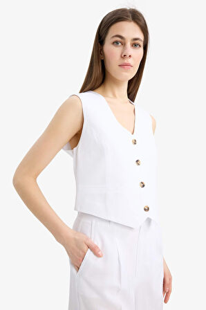 DeFacto V Yaka Keten Karışımlı Beyaz Blazer Yelek C3828AX25SMWT34