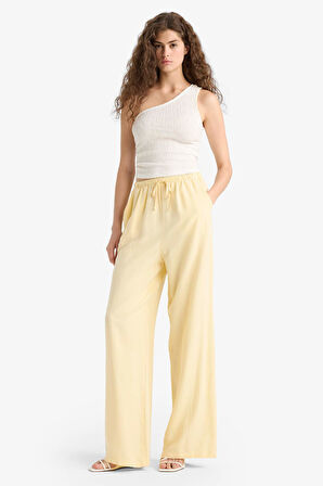Keten Karışımlı Palazzo Pantolon Wide Leg Geniş Bol Paça Üç Cepli Normal Bel Basic Düz Standart Boy