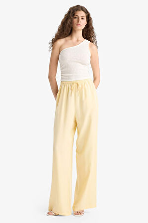 Keten Karışımlı Palazzo Pantolon Wide Leg Geniş Bol Paça Üç Cepli Normal Bel Basic Düz Standart Boy