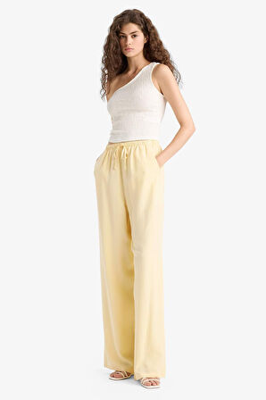 Keten Karışımlı Palazzo Pantolon Wide Leg Geniş Bol Paça Üç Cepli Normal Bel Basic Düz Standart Boy