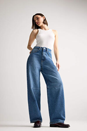 Barrel Fit Normal Bel Bilek Boy Jean Yıkamalı Pantolon